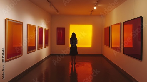 Visitor in Minimalist Gallery with Warm Lighting