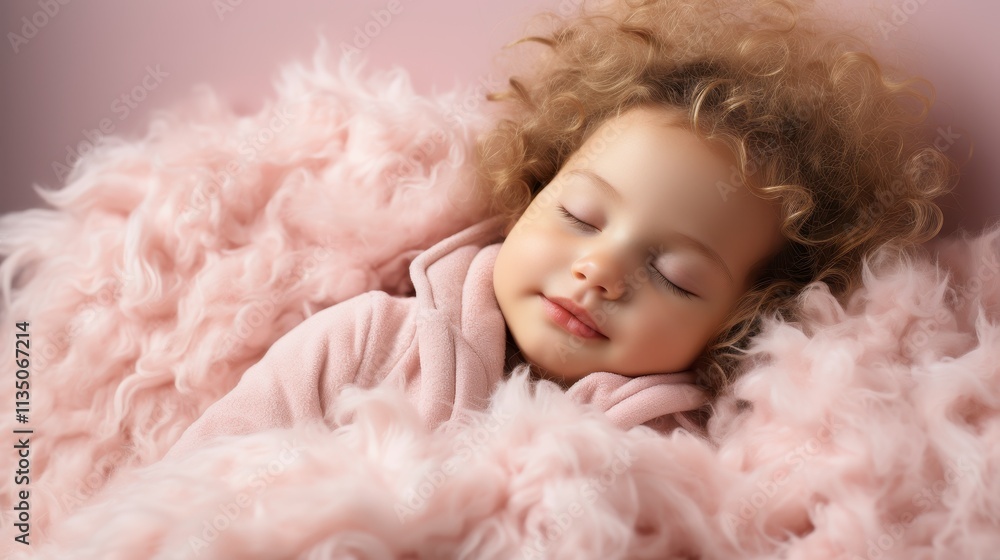 Peaceful Child Sleeping on Soft Pink Blanket with Curly Hair, Innocence and Calmness Captured in a Dreamy Atmosphere, Perfect for Baby and Child Photography Projects Peaceful Child Sleeping on Soft Pink Blanket with Curly Hair, Innocence and Calmness Captured in a Dreamy Atmosphere, Perfect for Baby and Child Photography Projects