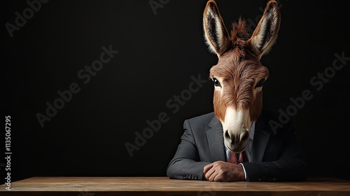 donkey. in a business suit. at the work desk in the office. on an isolated black background.  photo