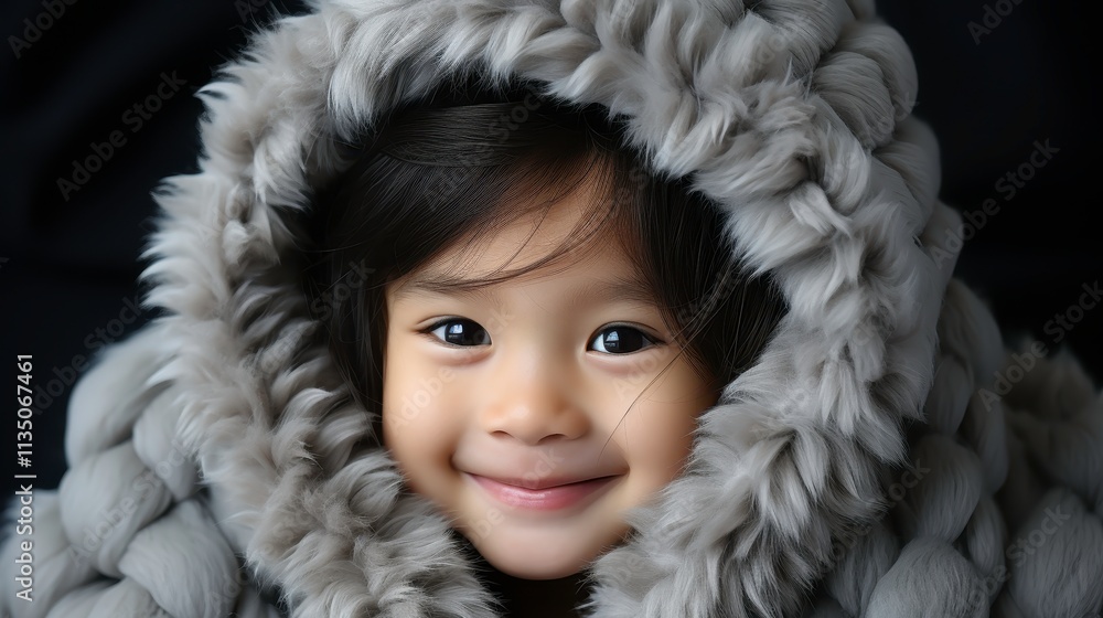 Adorable young girl smiling brightly while wrapped in a fluffy gray hoodie, radiating warmth and happiness with enchanting large eyes and soft hair in a cozy setting. Adorable young girl smiling brightly while wrapped in a fluffy gray hoodie, radiating warmth and happiness with enchanting large eyes and soft hair in a cozy setting.