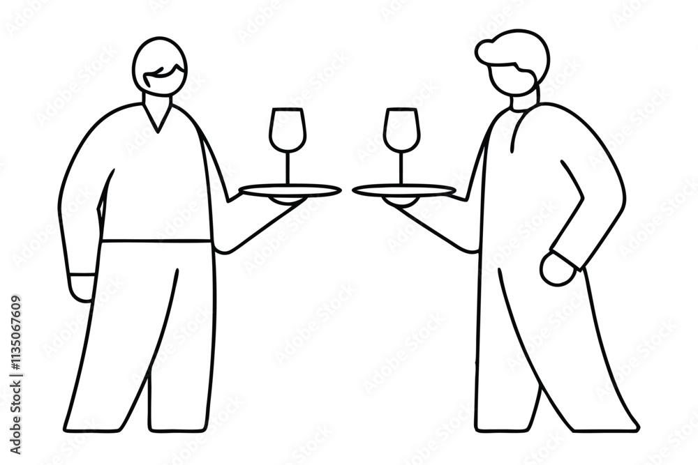 Waiters holding order glass wine on the tray for customer lin art vector illustration Waiters holding order glass wine on the tray for customer lin art vector illustration