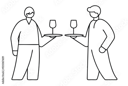 Waiters holding order glass wine on the tray for customer lin art vector illustration