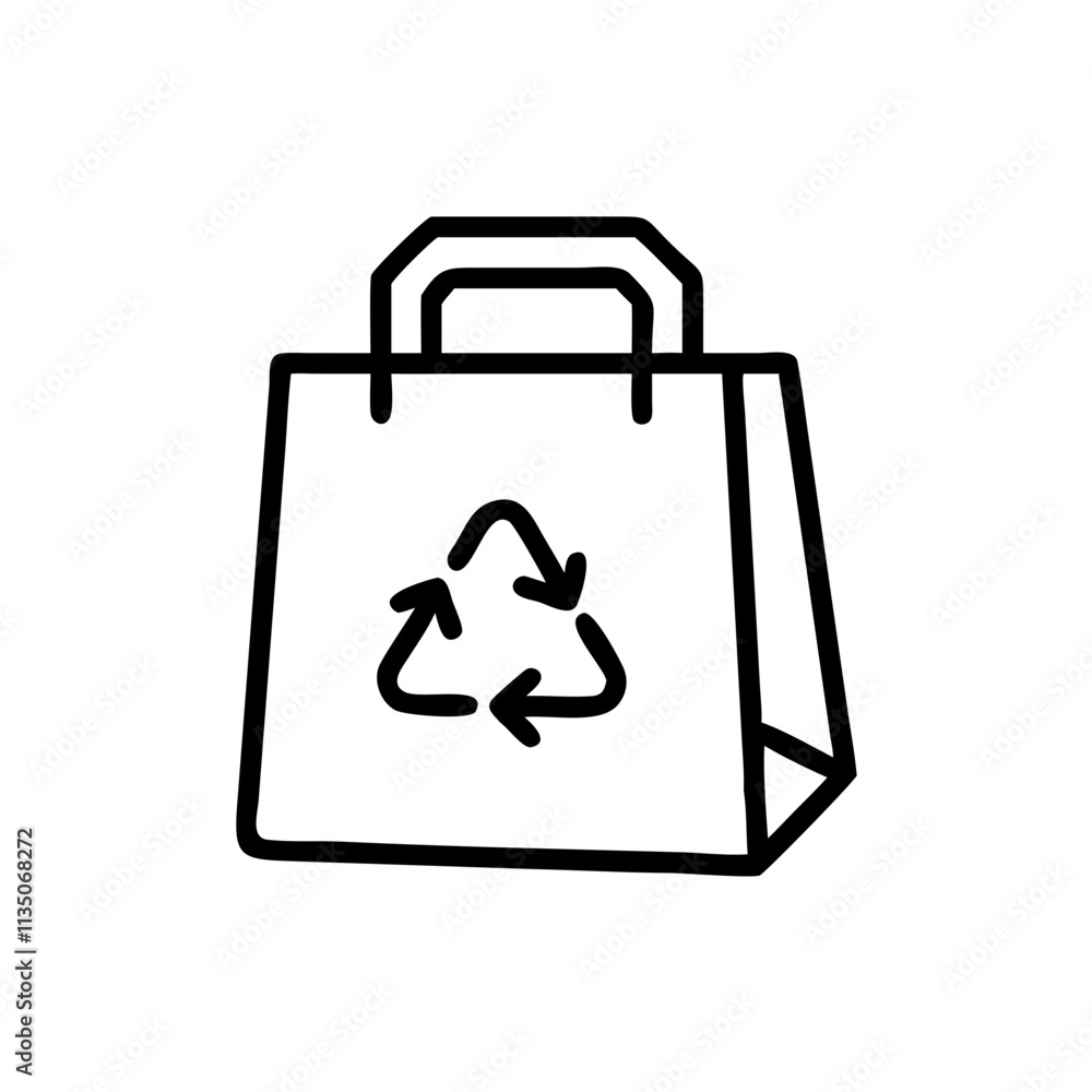 Outlined reusable shopping bag icon with a recycling symbol on a white background Outlined reusable shopping bag icon with a recycling symbol on a white background