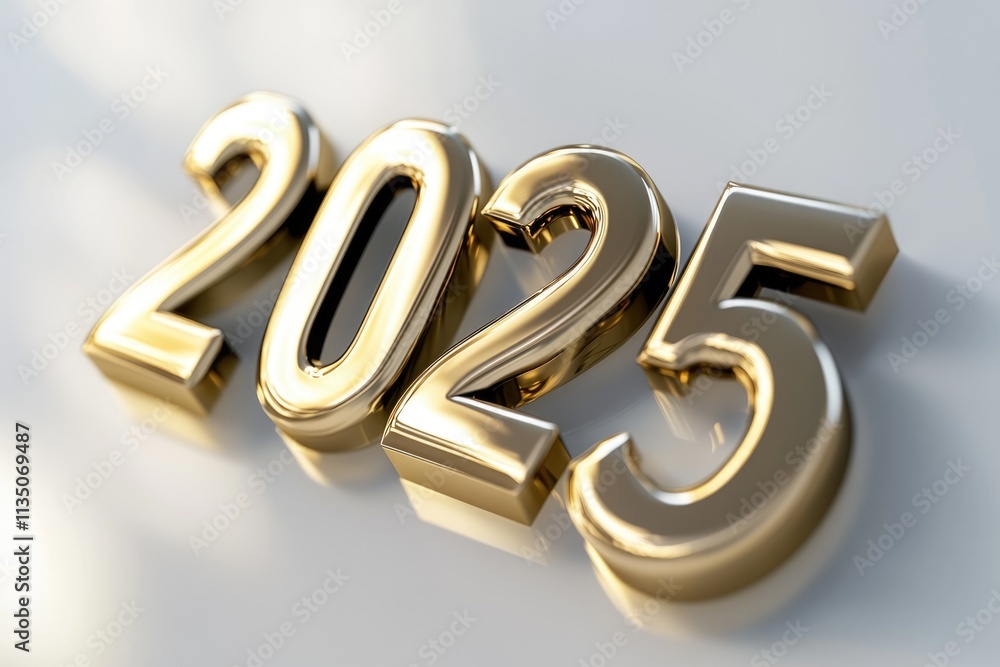 Shiny gold 2025 numerals on a light gray background, signifying the new year. Shiny gold 2025 numerals on a light gray background, signifying the new year.