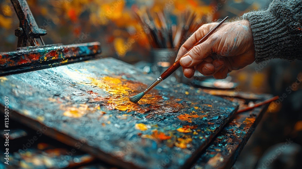 Artist's Hand Holding Brush While Creating Colorful Abstract Painting on Canvas Surrounded by Artistic Tools and Bright Nature-Inspired Background Artist's Hand Holding Brush While Creating Colorful Abstract Painting on Canvas Surrounded by Artistic Tools and Bright Nature-Inspired Background
