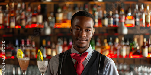 Portrait of Bartender with Liquor Bottles and Cocktails