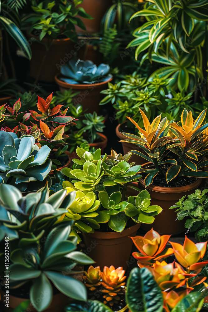 Fototapeta premium Collection of potted plants with a variety of colors and sizes