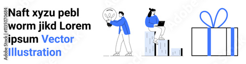 Colleague presenting large light bulb idea, coworker using a laptop while seated on bar chart, and a wrapped gift with blue ribbon. Ideal for innovation, teamwork, productivity, success, celebration