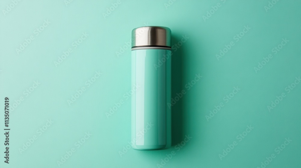 A teal insulated water bottle stands on a green background A teal insulated water bottle stands on a green background