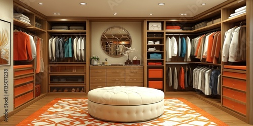 Stylish walk-in closet showcases ample storage, a plush ottoman, and sophisticated organization for fashion enthusiasts photo