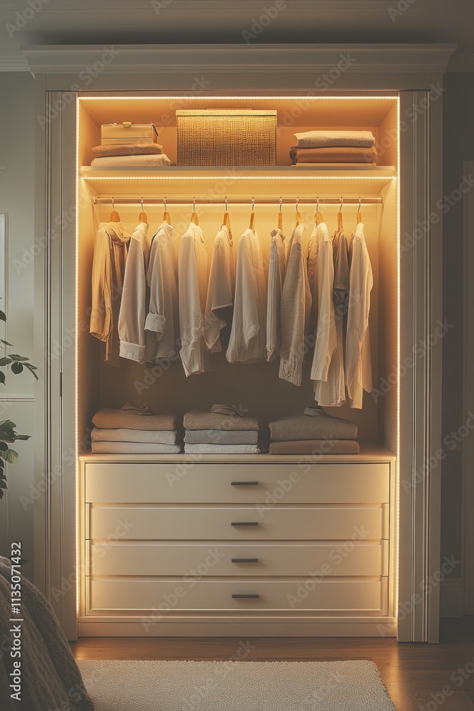 Well-lit built-in wardrobe with clothes, shelves, and drawers. Well-lit built-in wardrobe with clothes, shelves, and drawers.