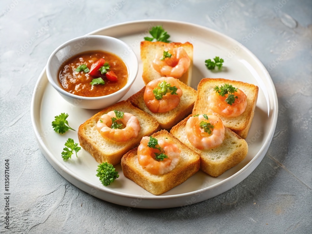 Minimalist Prawn Toast Slices on a Simple White Plate with Dipping Sauce - Elegant Culinary Presentation for Gourmet Food Photography Minimalist Prawn Toast Slices on a Simple White Plate with Dipping Sauce - Elegant Culinary Presentation for Gourmet Food Photography