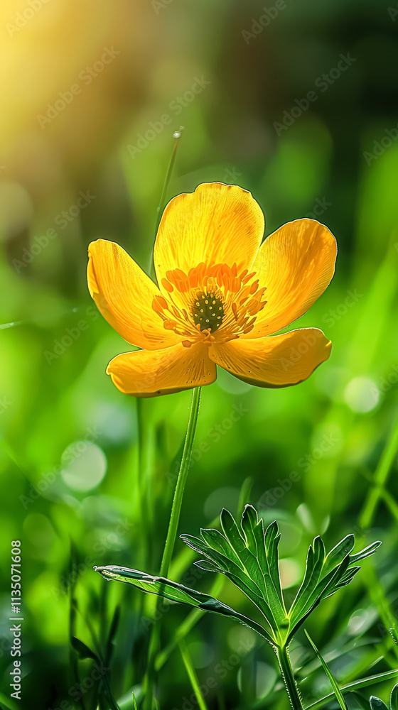 Fototapeta premium Yellow flower is in a field of green grass