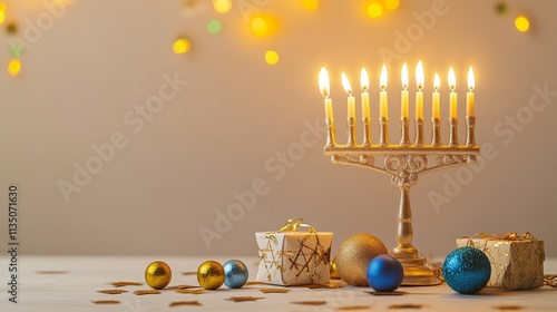 A cultural and festive scene for Hanukkah with menorah, dreidels, and festive decorations against a warm and celebratory background photo