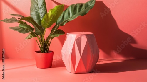 Coral Pink Plant Pot and Geometric Stool photo