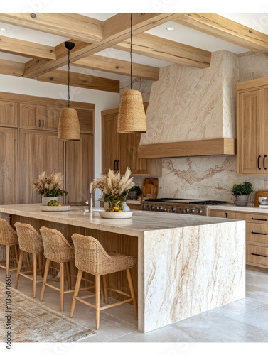 Bright kitchen features detailed wood cabinets, elegant marble counters, and vintage light fixtures for warmth