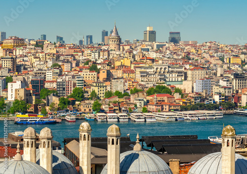 Photography Istanbul cityscape with Galata tower seen from Suleymaniye mosque, Turkey
