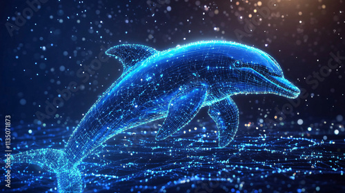 A glowing dolphin icon surrounded by echolocation data, representing online marine biology platforms, smart tracking tools, and digital conservation resources.  photo