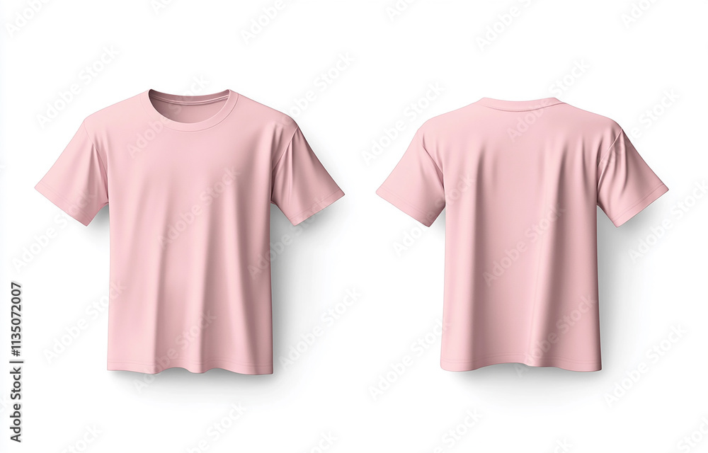 Set of pink and beige T-shirts on a white background, front view, back view, side view Set of pink and beige T-shirts on a white background, front view, back view, side view