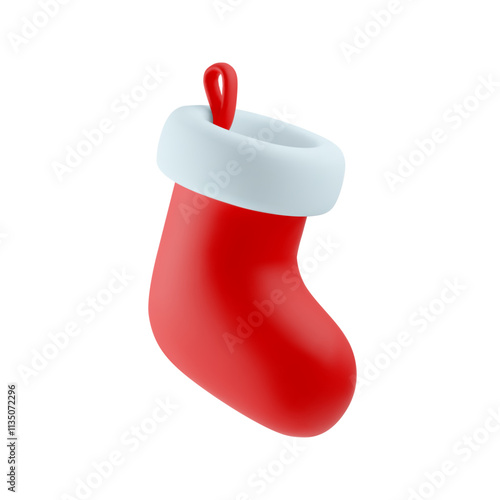 3d cute cartoon Christmas stocking in vibrant red with fluffy white trim and loop for hanging isolated on white backdrop. Element for Christmas cards, holiday and winter decor. 3d vector illustration.