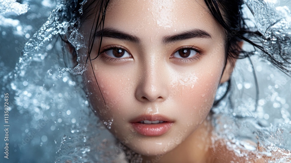 Woman emerging from water droplets on face and hair Woman emerging from water droplets on face and hair