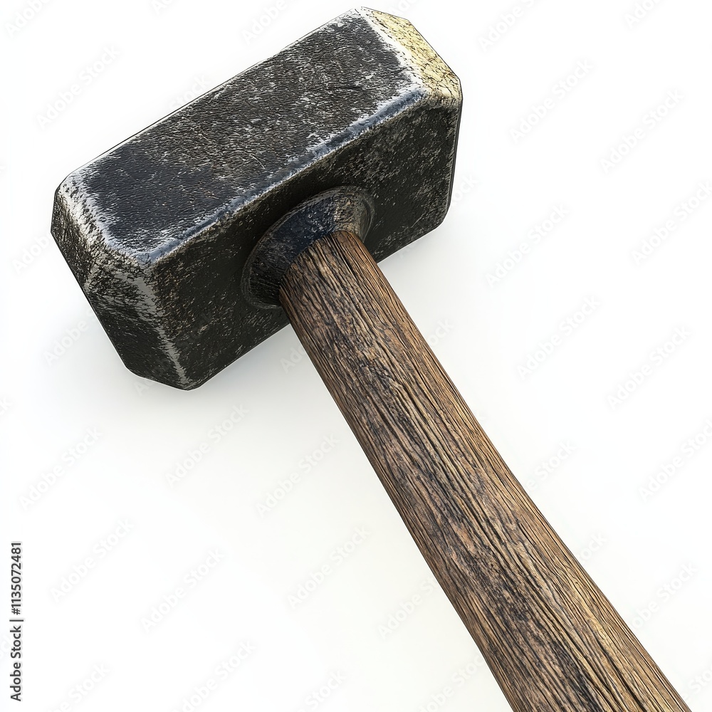 Close-up of a weathered sledgehammer with wooden handle on white background Close-up of a weathered sledgehammer with wooden handle on white background
