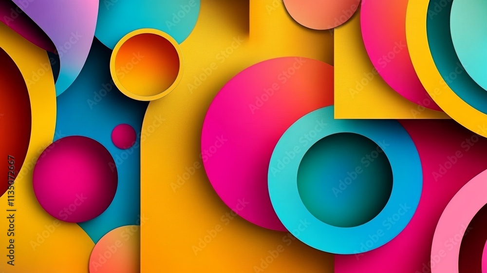 A modern abstract composition featuring layered geometric circles in vivid hues. The vibrant colors and playful arrangement create a dynamic, energetic visual perfect for contemporary design projects A modern abstract composition featuring layered geometric circles in vivid hues. The vibrant colors and playful arrangement create a dynamic, energetic visual perfect for contemporary design projects
