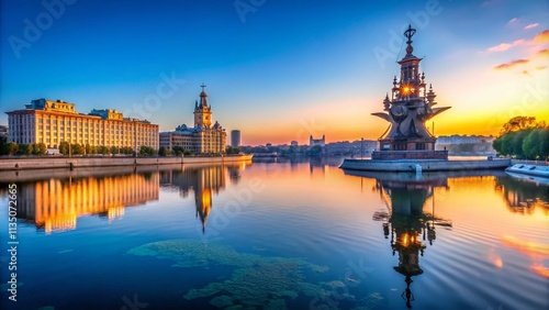 Minimalist Scenic View of Peter the Great Monument on Moscow River with Clear Blue Sky and Reflections in Water, Capturing Tranquility in Urban Landscape