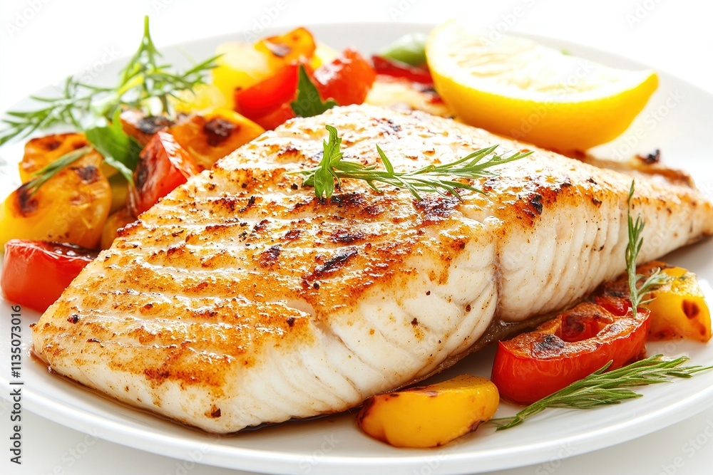 A fillet of grilled barramundi served on a white plate with a side of roasted vegetables and lemon wedge. A fillet of grilled barramundi served on a white plate with a side of roasted vegetables and lemon wedge.