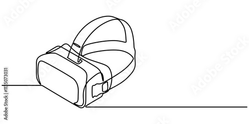 One continuous line drawing of  glasses of virtual reality. Virtual game concept. Single line draw design vector graphic illustration, Virtual reality headset - VR. Icon with reflection on white. 