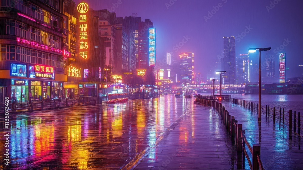 Fototapeta premium Neon Cityscape Reflecting In Rain Wet Streets