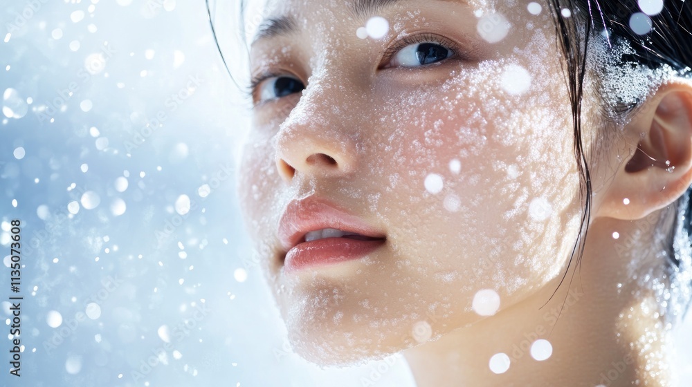 Womans Face Covered In Sparkling Ice Crystals Womans Face Covered In Sparkling Ice Crystals