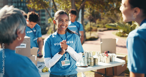 Happiness, volunteer woman and charity as group for community service, project or nonprofit initiative. People, teamwork and together as collaboration, outdoor and program with help, donations or NGO