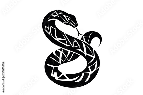 Stylized snake silhouette with tribal patterns, black and white design, perfect for tattoos, logos, artwork, wildlife themes, and creative projects focusing on bold and intricate details photo