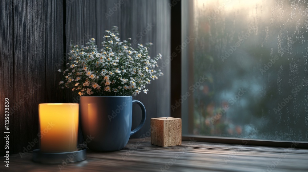 Fototapeta premium A blue mug with delicate flowers, a wooden block, and a lit candle sit on a wooden windowsill, surrounded by misty weather outside. The warm candlelight creates a cozy and peaceful indoor scene.. AI