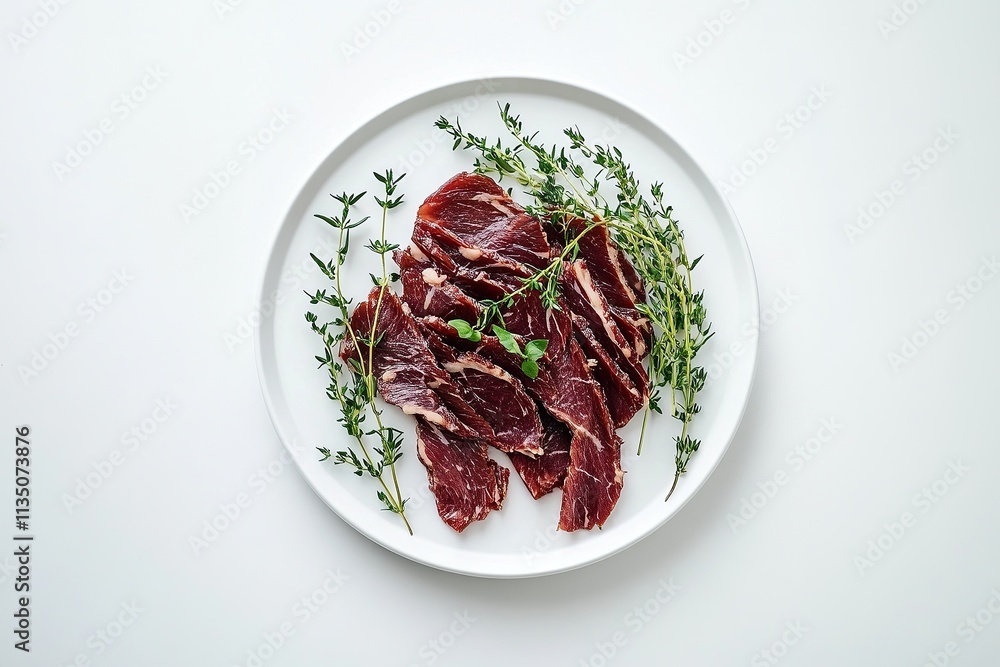 Slices of South African biltong beef jerky arranged on a white plate, garnished with fresh herbs. Slices of South African biltong beef jerky arranged on a white plate, garnished with fresh herbs.