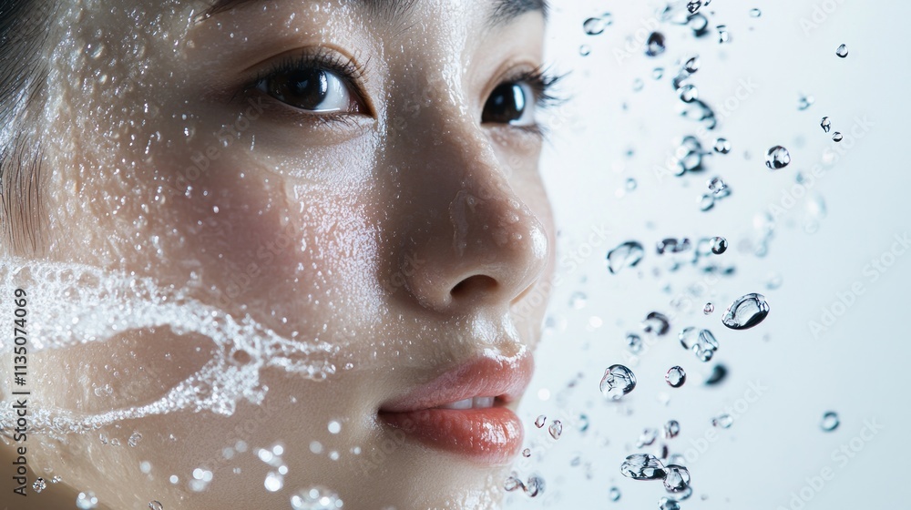 Woman face surrounded by water droplets and bubbles Woman face surrounded by water droplets and bubbles