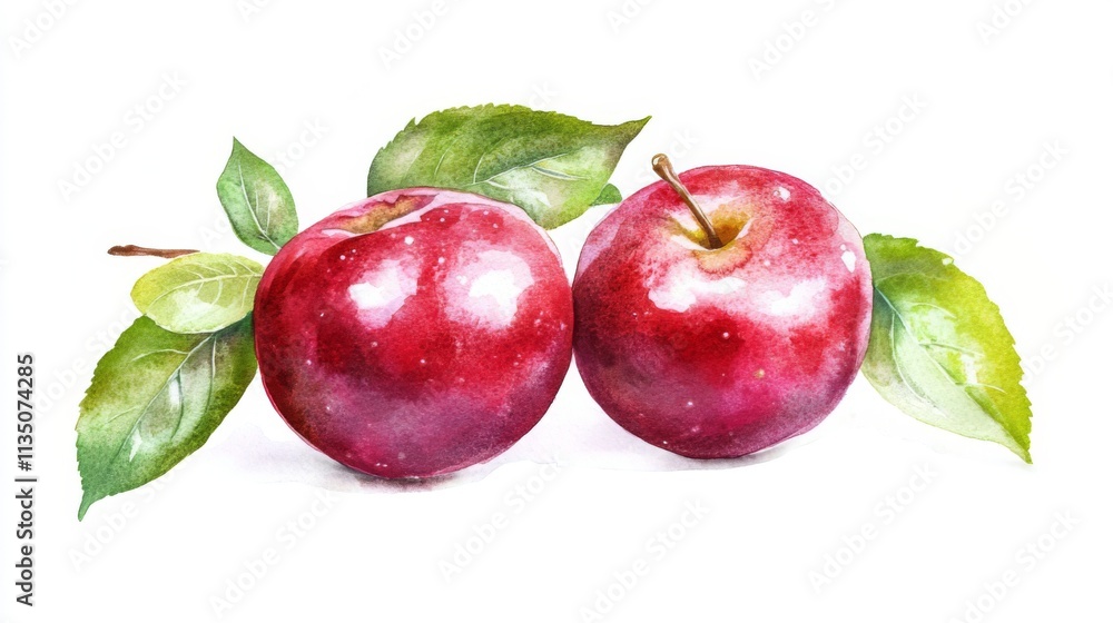 Two Watercolor Apples with Leaves - A Vibrant Still Life Two Watercolor Apples with Leaves - A Vibrant Still Life