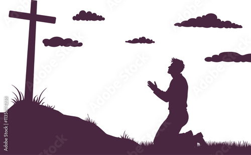 Silhouette of a person praying.
A man praying at the altar.
Catholic prayer, priest praying.  