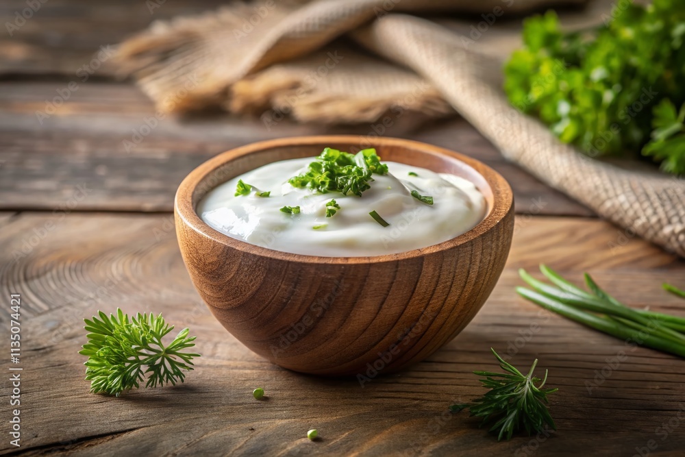 Minimalist Wooden Bowl of Fresh Sour Cream Dip Sauce with Herbs, Perfect for Healthy Snacks and Dips, Featuring Natural Ingredients and Simple Presentation Minimalist Wooden Bowl of Fresh Sour Cream Dip Sauce with Herbs, Perfect for Healthy Snacks and Dips, Featuring Natural Ingredients and Simple Presentation
