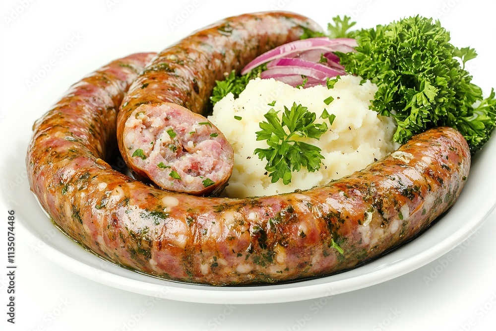 A plate of boudin sausage served with a side of mashed potatoes and caramelized onions. A plate of boudin sausage served with a side of mashed potatoes and caramelized onions.