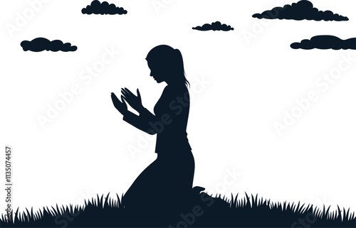 Silhouette of a person praying.
A woman praying at the altar.
Catholic prayer, priest praying.  