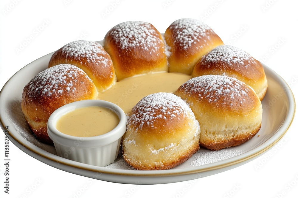 A plate of Austrian buchteln (sweet rolls) dusted with powdered sugar and served with vanilla sauce. A plate of Austrian buchteln (sweet rolls) dusted with powdered sugar and served with vanilla sauce.