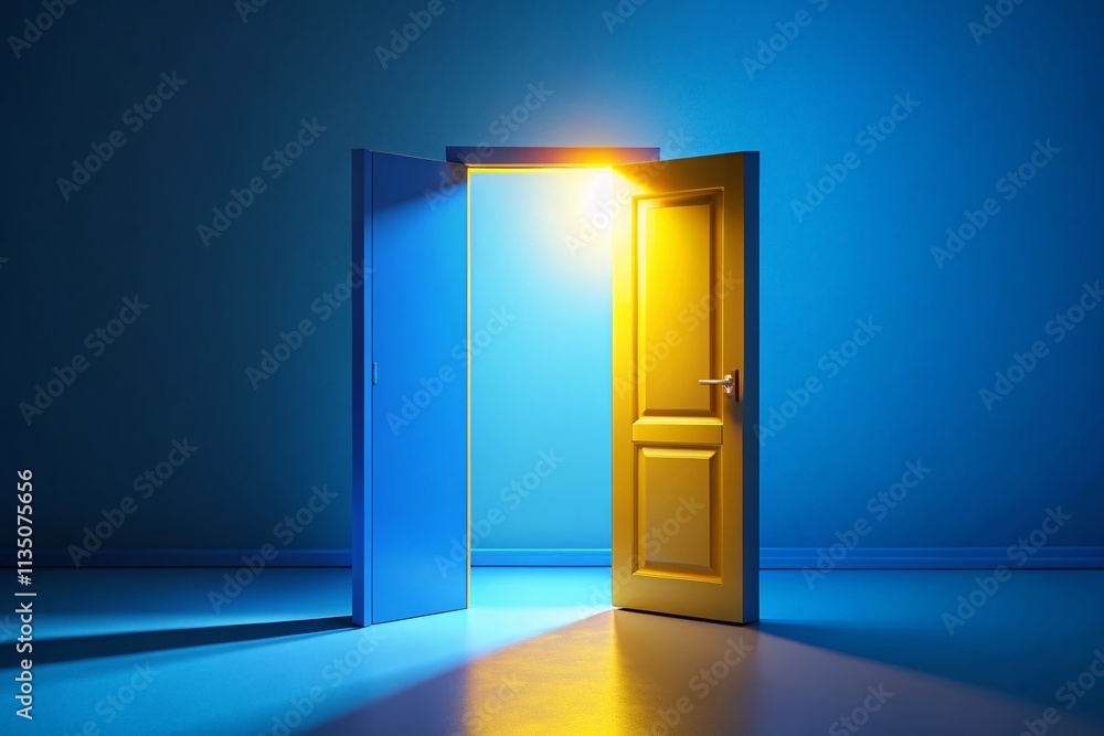 Modern Architectural Design of an Open Blue Door on a Blue Background with Yellow Light Symbolizing Opportunity in a Minimalist Concept Using the Rule of Thirds for Visual Impact Modern Architectural Design of an Open Blue Door on a Blue Background with Yellow Light Symbolizing Opportunity in a Minimalist Concept Using the Rule of Thirds for Visual Impact