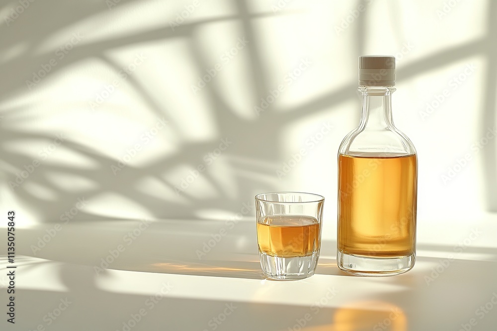 A bottle of cachaÃsa with a shot glass, placed on a clean white surface. A bottle of cachaÃsa with a shot glass, placed on a clean white surface.