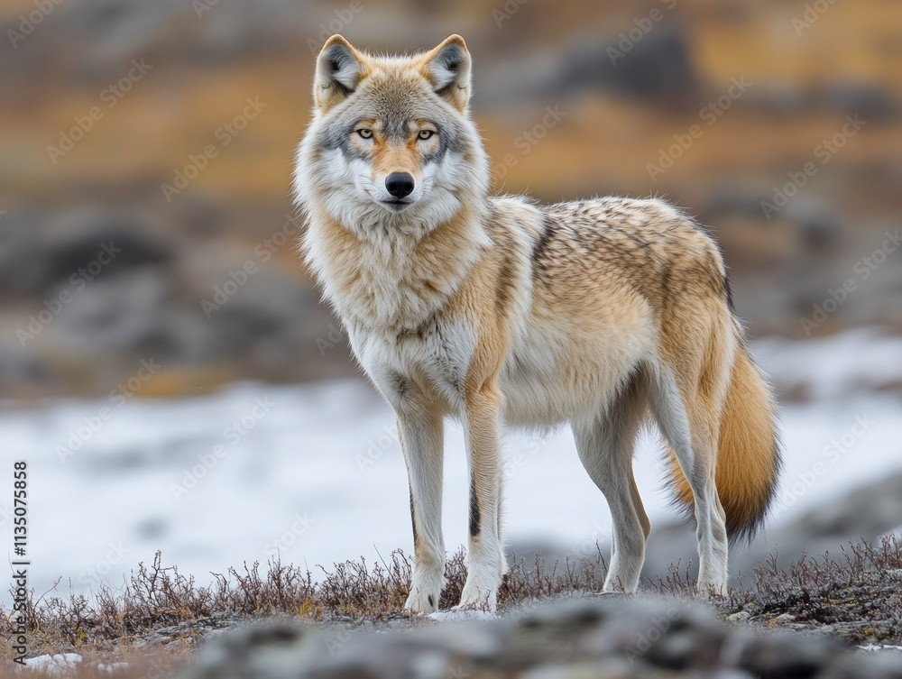 Obraz premium An arctic wolf is poised confidently against a backdrop of endless snowfields in a pristine winter environment