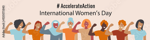 Banner Accelerateaction. International Women's Day 2025. Women in  pose of accelerate action. Vector illustration in flat style