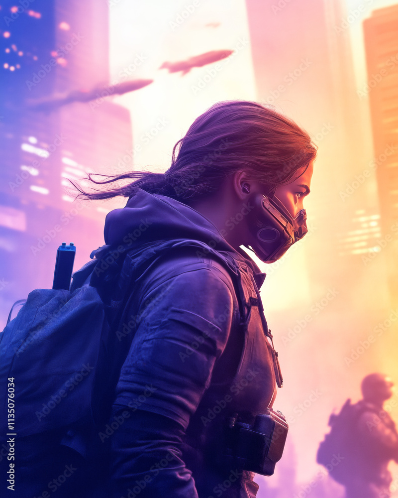 Activist navigating a futuristic city at dusk Activist navigating a futuristic city at dusk