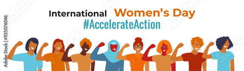 Banner Accelerateaction. International Women's Day 2025. Women in  pose of accelerate action. Vector illustration in flat style