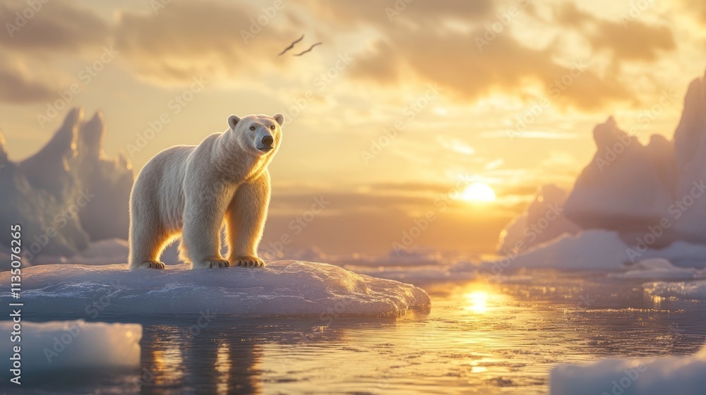 Polar Bear Stands on Ice Floe at Sunset Polar Bear Stands on Ice Floe at Sunset